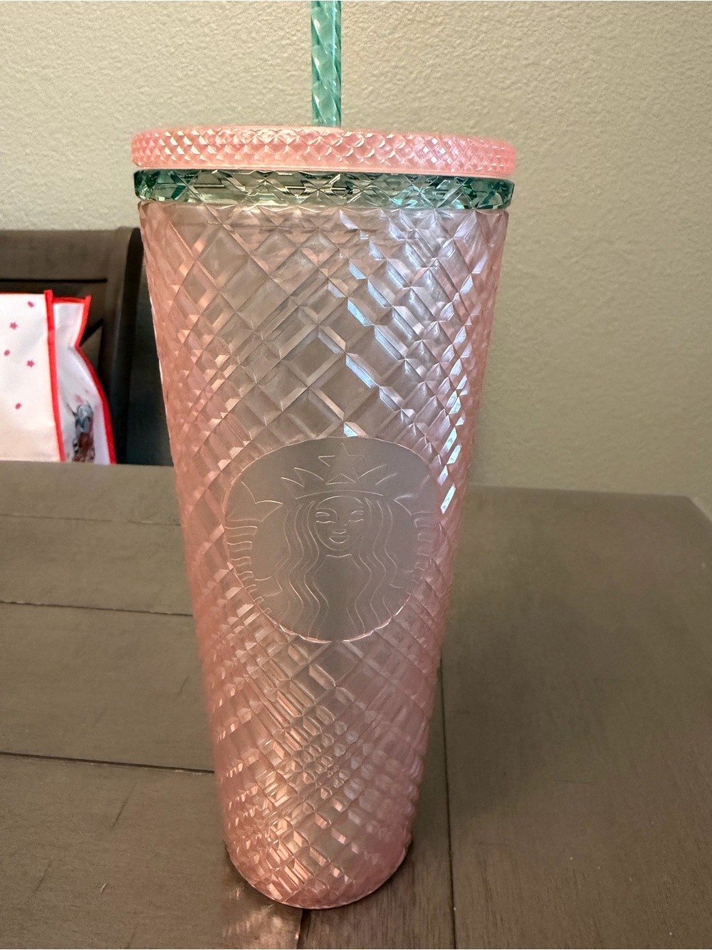 Starbucks Pink Diamond-Pattern Tumbler with Mint Green Straw